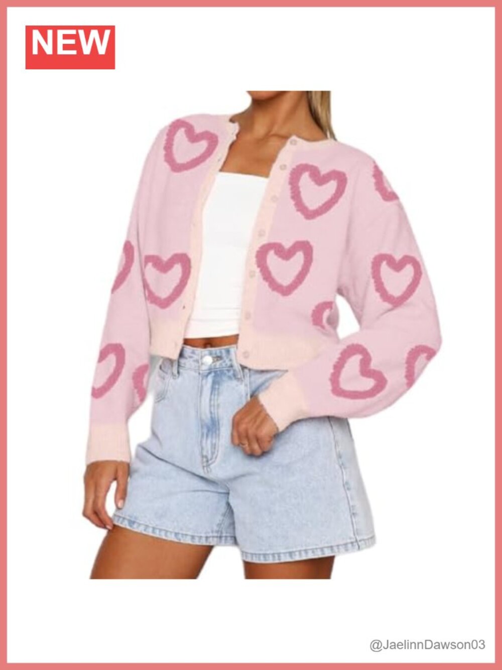 Women's Heart Print Button Down Cardigan Sweater Loose Fit Knit Valentine's Day